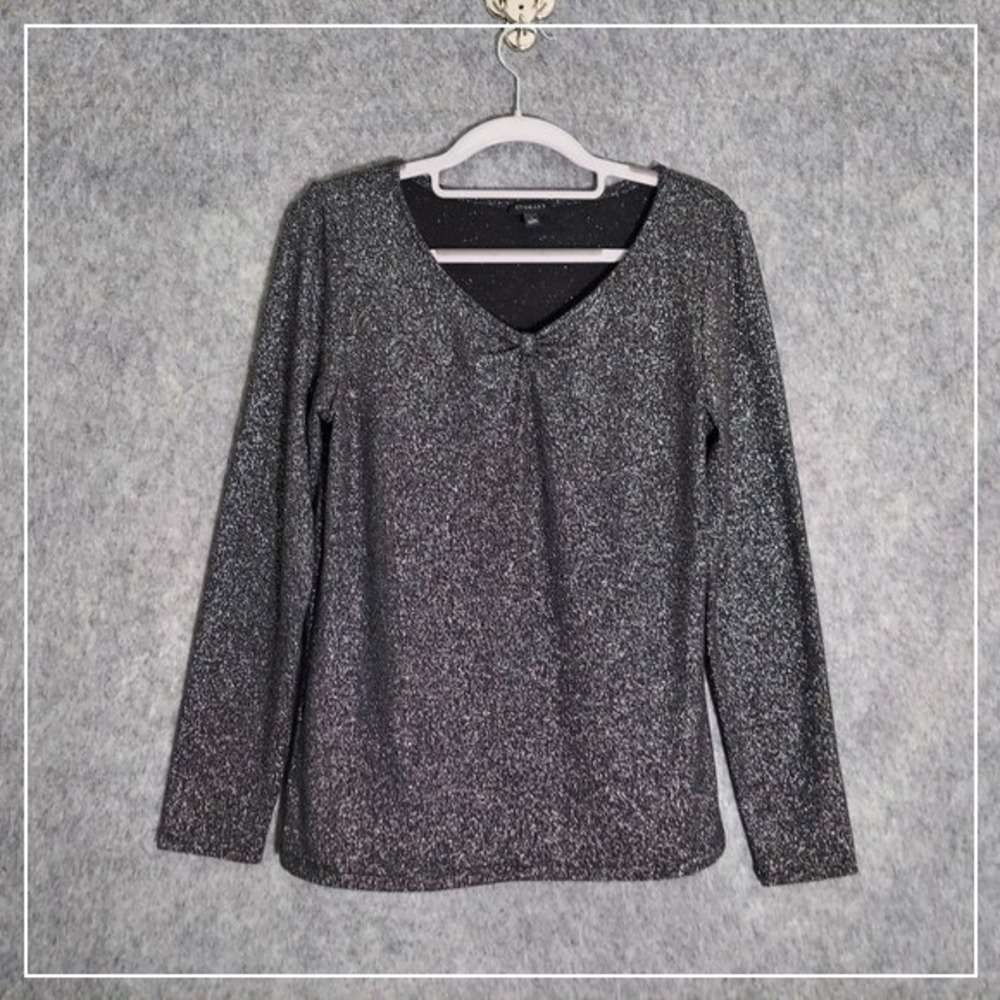 Talbots Blouse S Black Silver Metallic Shimmer Long Sleeve Stretch disco evening
